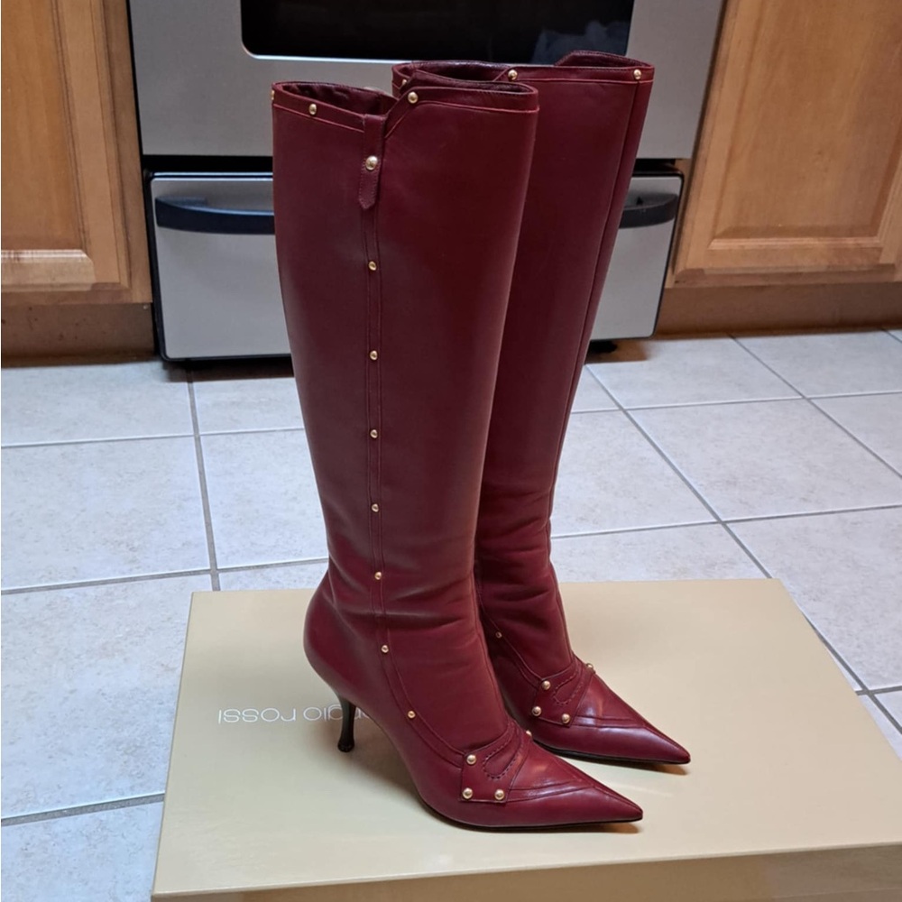 Sergio Rossi Tall Burgandy Heeled Boots - Women's size 37.5